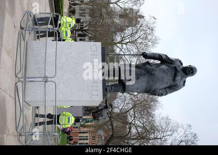 London, UK. 20th Mar 2021. Police guard Churchill Statue in London Credit: Londonphotos/Alamy Live News Stock Photo