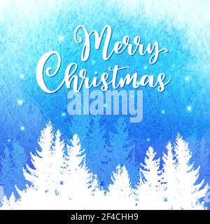 Watercolor Christmas vector background with winter snowy landscape. New Year greeting card with fir tree. Stock Vector