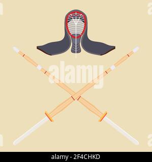 Two crossed bamboo training sword for kendo and protective helmet. Wooden Japanese swords, kendo. Vector kendo weapon Stock Vector