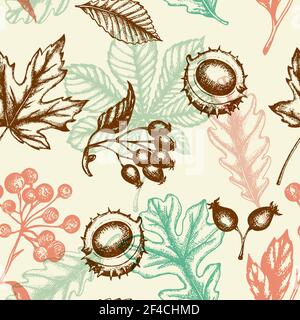 Autumn seamless pattern with chestnut, oak and maple falling leaves. Hand drawn seasonal vector background in vintage style. Stock Vector