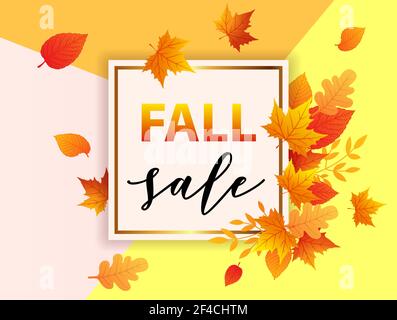 Autumn vector background with orange falling maple leaves. Abstract banner for seasonal fall sale. Stock Vector