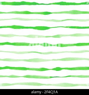 Green striped watercolor seamless pattern with wavy lines. Hand drawn vector background Stock Vector