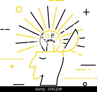 Abstract linear icon of a human head with a light bulb. Line style. Vector illustration Stock Vector