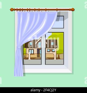Vector illustration of interior with a window curtain and scenery with a small rural house and trees Stock Vector