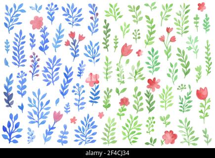 Set of vector watercolor florals isolated on a white background. Blue and green flowers and leaves. Stock Vector