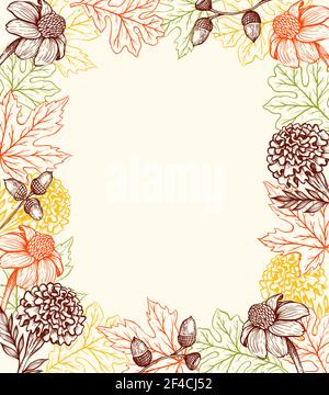 Autumn vintage background with flowers and leaves. Hand drawn vector illustration. Decorative floral frame. Stock Vector