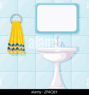 Vector illustration of bathroom ceramic wash basin, tiled walls, mirror and yellow towel. Cartoon style. Furnishings bathroom Stock Vector