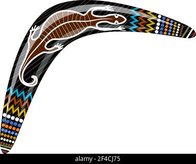 Australian wooden boomerang. Cartoon boomerang with a lizard on a white background. Vector illustration of colored boomerang Tribal lizard. Stock vector Stock Vector
