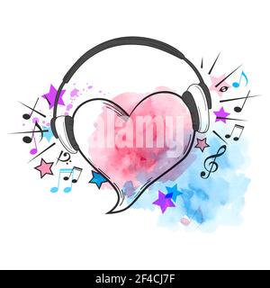 Musical vector watercolor background with red heart and headphones Stock Vector