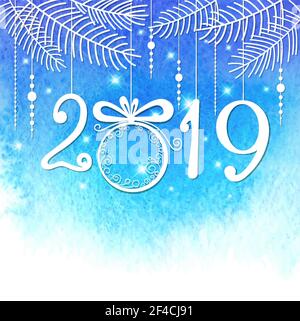 Christmas background with white paper decorations and fir branch on a blue watercolor background. Design for New year greeting card. Vector illustration Stock Vector