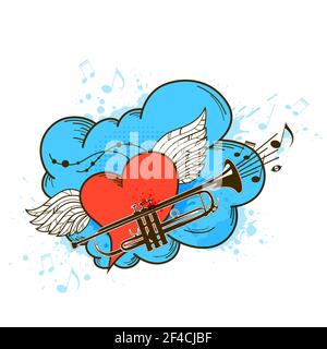 Musical retro background with pink heart, blue cloud and trumpet. Vector illustration Stock Vector