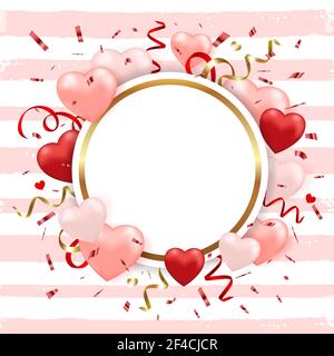 Decorative festive striped background for Valentine&rsquo;s day with red heart balloons and confetti. Vector illustration. Stock Vector