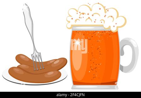 Vector illustration of a glass mug of beer with foam and a plate with sausage and fork. Isolated food object. Cartoon beer and sausages Stock Vector