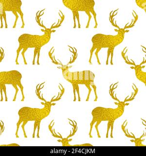 Seamless pattern with golden silhouettes of deer on a white background. Vector illustration for Christmas design. Stock Vector