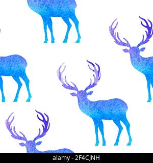Blue vector watercolor winter seamless pattern with deer. Christmas decorative background. Stock Vector