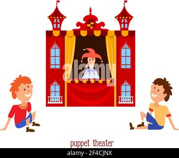 Puppet show. Illustration of children&rsquo;s puppet theater with a doll clown and child sitting on a white background. Cartoon vector a puppet theater with young viewers Stock Vector