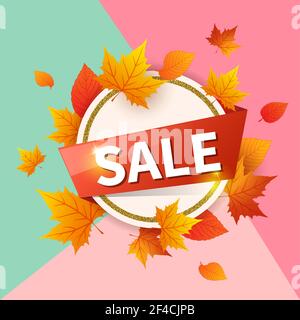 Abstract round banner for seasonal fall sale. Autumn vector background with orange falling maple leaves. Stock Vector