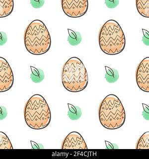 Hand drawn doodle Easter seamless pattern with orange eggs on a white background. Vector illustration. Stock Vector