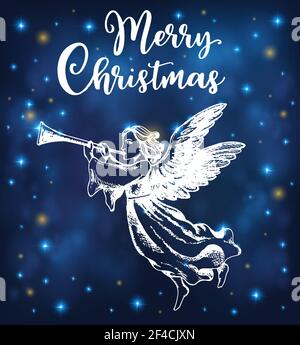 Christmas angel blows into the trumpet on a blue shining background. Hand drawn vector greeting card in vintage style. Merry Christmas lettering Stock Vector