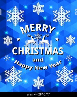 Blue abstract Christmas background with white snowflakes and deers. Design for new year greeting card. Vector illustration. Stock Vector