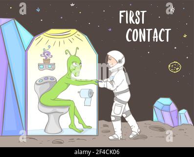 Green alien sitting on the toilet and astronaut breaking the door on an unknown planet. Stupid situation during first contact with other alien civilizations. Hand drawn vector illustration. Stock Vector