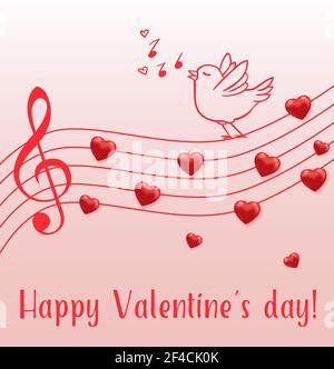 Music notes of red hearts and singing bird on a pink background. Greeting card for Saint Valentine&rsquo;s day. Vector illustration. Stock Vector