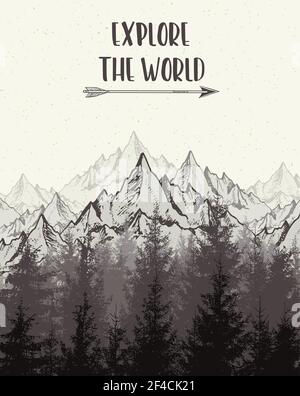 Nature landscape with mountains and fir tree. Vintage travel background. Vector illustration Stock Vector