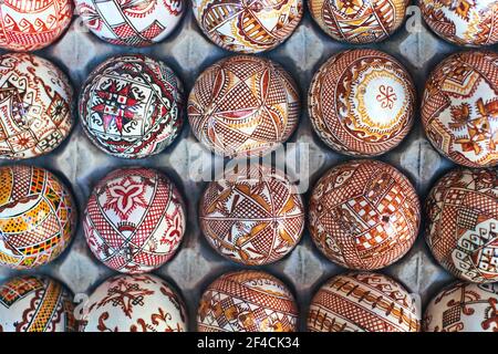 Colored eggs with traditional patterns from Kosmach, Ukraine Stock Photo