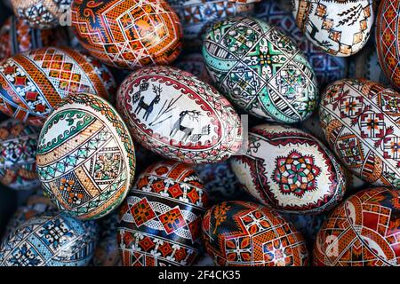 Colored eggs with traditional patterns from Kosmach, Ukraine Stock Photo