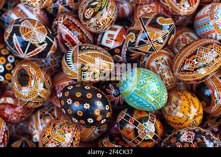 Colored eggs with traditional patterns from Kosmach, Ukraine Stock Photo