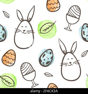 Hand drawn doodle Easter seamless pattern with rabbit and eggs on a white background. Vector illustration. Stock Vector
