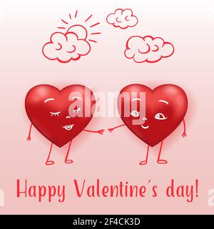 Red hearts couple in love holding hands. Saint Valentine&rsquo;s day greeting card. Vector illustration. Stock Vector