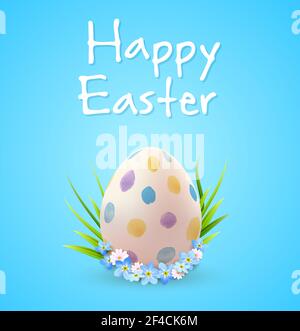 Decorative Easter egg, blue spring flowers and green grass. Festive background. Vector illustration. Happy Easter lettering Stock Vector