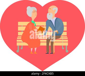 Cute old man and an old woman on a park bench reading a book on a background of red hearts. The concept of a long and faithful love and fidelity. Stock vector illustration Stock Vector