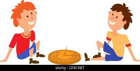 Vector color illustration of two boys sitting near the old sundial on a white background. Stock vector illustration Stock Vector