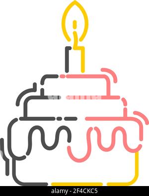 Cake with a candle that burns in a linear style. Color line icon. Isolated on white background. Vector illustration. Stock Vector