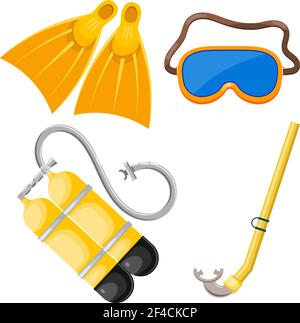 Vector set of abstract objects for diving. Mask, snorkel, scuba, fins. Cartoon diver subjects. Stock vector Stock Vector