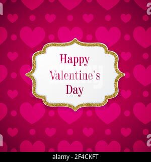 Pink vintage Valentine greeting card with hearts and golden frame. Romantic vector background Stock Vector