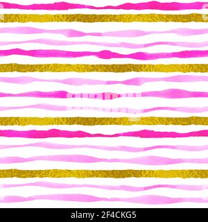 Pink and golden striped watercolor seamless pattern with wavy lines. Hand drawn vector background Stock Vector