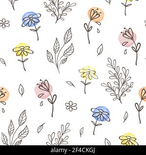 Hand drawn doodle spring floral seamless pattern with leaves and flowers. Decorative vector background Stock Vector