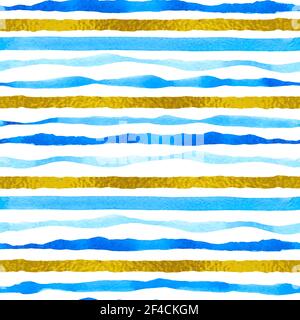 Blue and golden striped watercolor seamless pattern with wavy lines. Hand drawn vector background Stock Vector