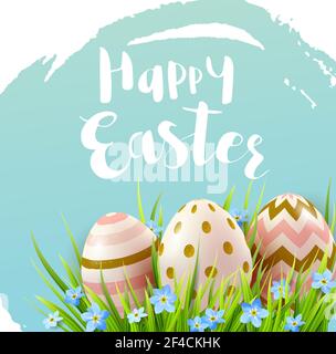Decorative Easter eggs, blue spring flowers and green grass. Festive background. Vector illustration. Happy Easter lettering Stock Vector
