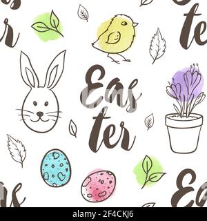 Hand drawn doodle Easter seamless pattern with eggs, rabbit and chicken on a white background. Vector illustration. Stock Vector