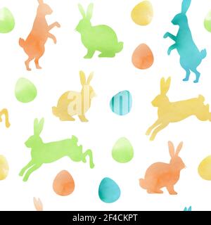 Watercolor Easter seamless pattern with rabbits and eggs on a white background. Vector illustration. Stock Vector