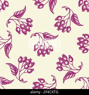 Autumn seamless pattern with berries and leaves. Hand drawn seasonal vector background in vintage style. Stock Vector