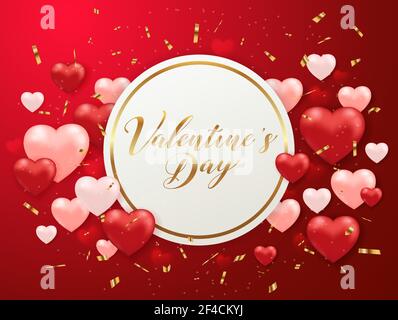 Saint Valentine&rsquo;s day greeting card with confetti and hearts on a red background. Golden round frame with lettering. Vector illustration. Stock Vector