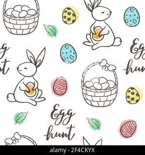 Hand drawn doodle Easter seamless pattern with eggs, rabbit and basket on a white background. Vector illustration. Stock Vector