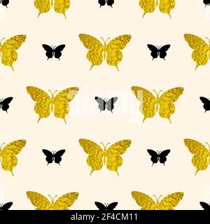 Decorative vector seamless pattern with golden and black butterflies. Glittering festive background Stock Vector