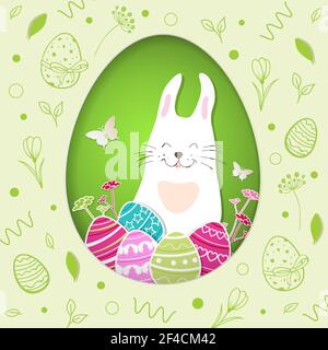 Decorative paper Easter greeting card with eggs, rabbit on a green background. Vector illustration. Stock Vector