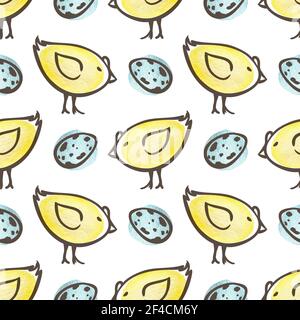 Hand drawn doodle Easter seamless pattern with eggs and yellow chicken on a white background. Vector illustration. Stock Vector